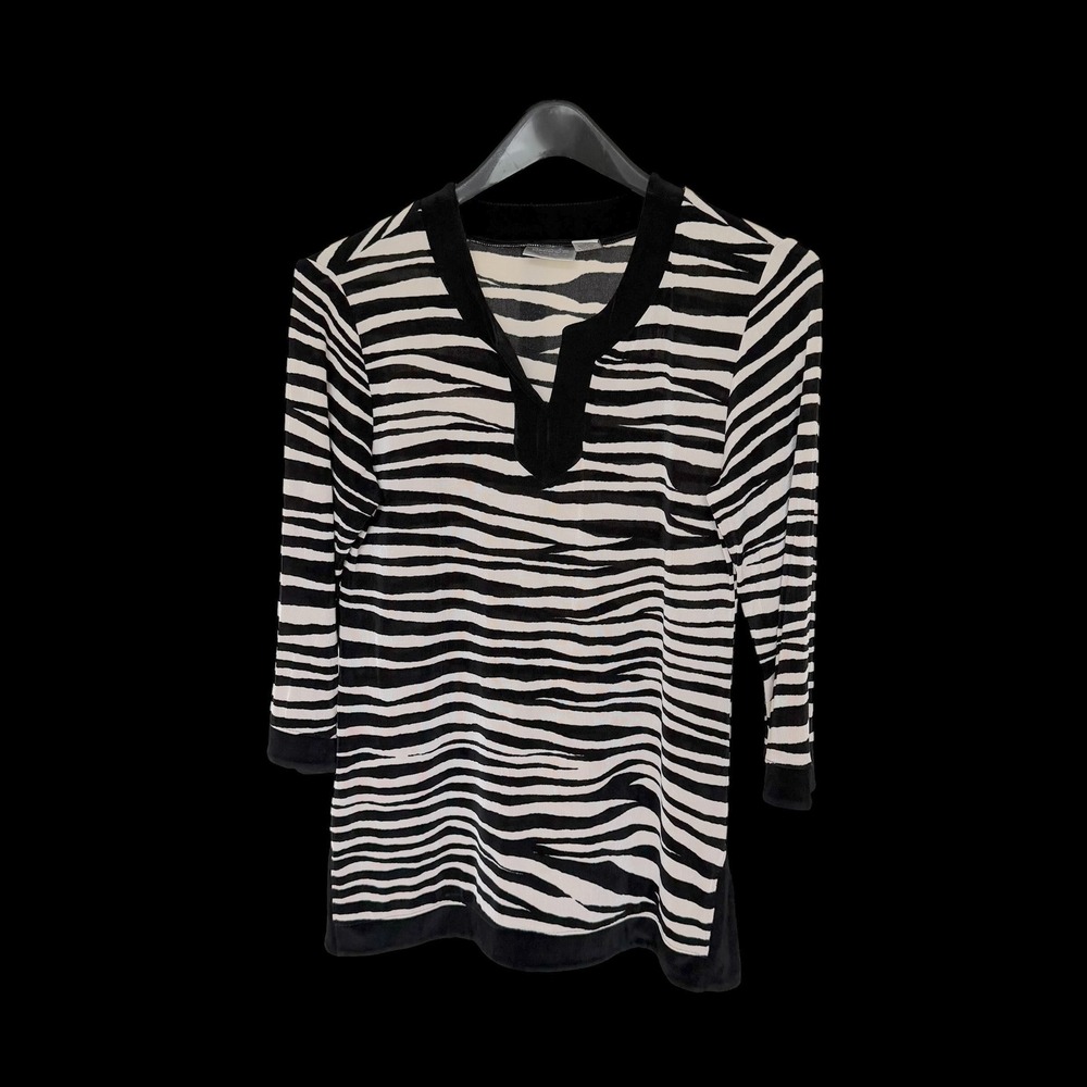 Chicos Travelers Zebra Print Tunic Top Sz 1 Med 3/4 Sleeve Split‎ Neck